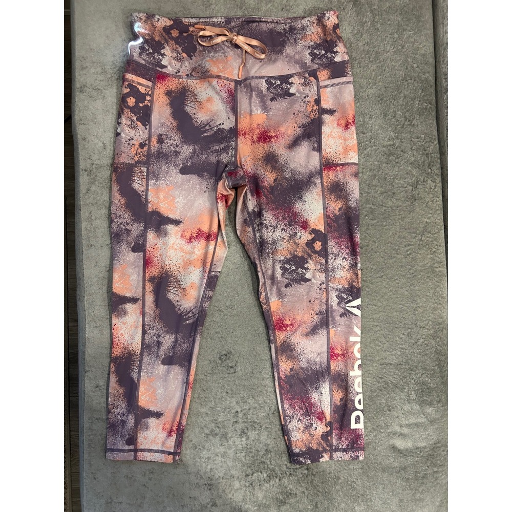 Reebok Womens Paint Splatter High Rise Cropped Leggings Purple Orange Large #142